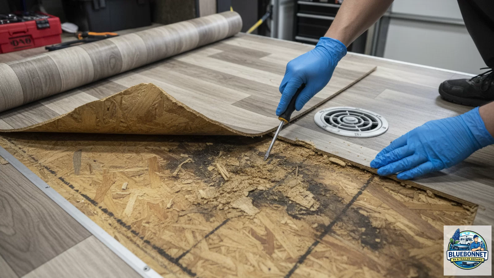 Close-up of an RV subfloor with flooring peeled back, showing moisture-stained delaminated wood being probed with a hand tool