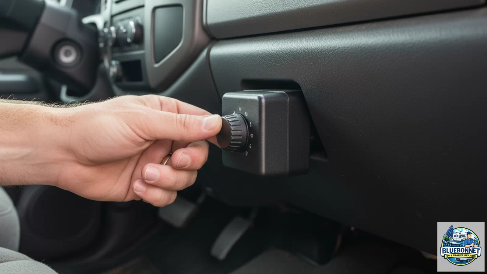 Close-up of an in-cab trailer brake controller mounted under a truck dashboard with a driver adjusting the gain control