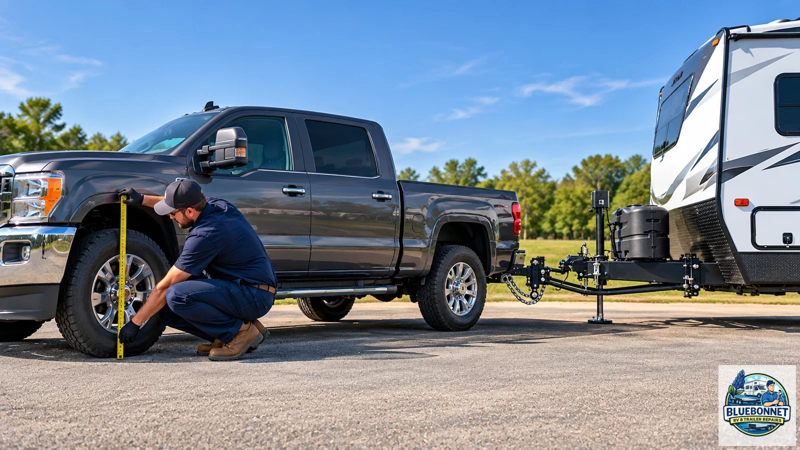Technician measuring the tow vehicle front fender height on a complete pickup and travel trailer during weight-distribution hitch setup.