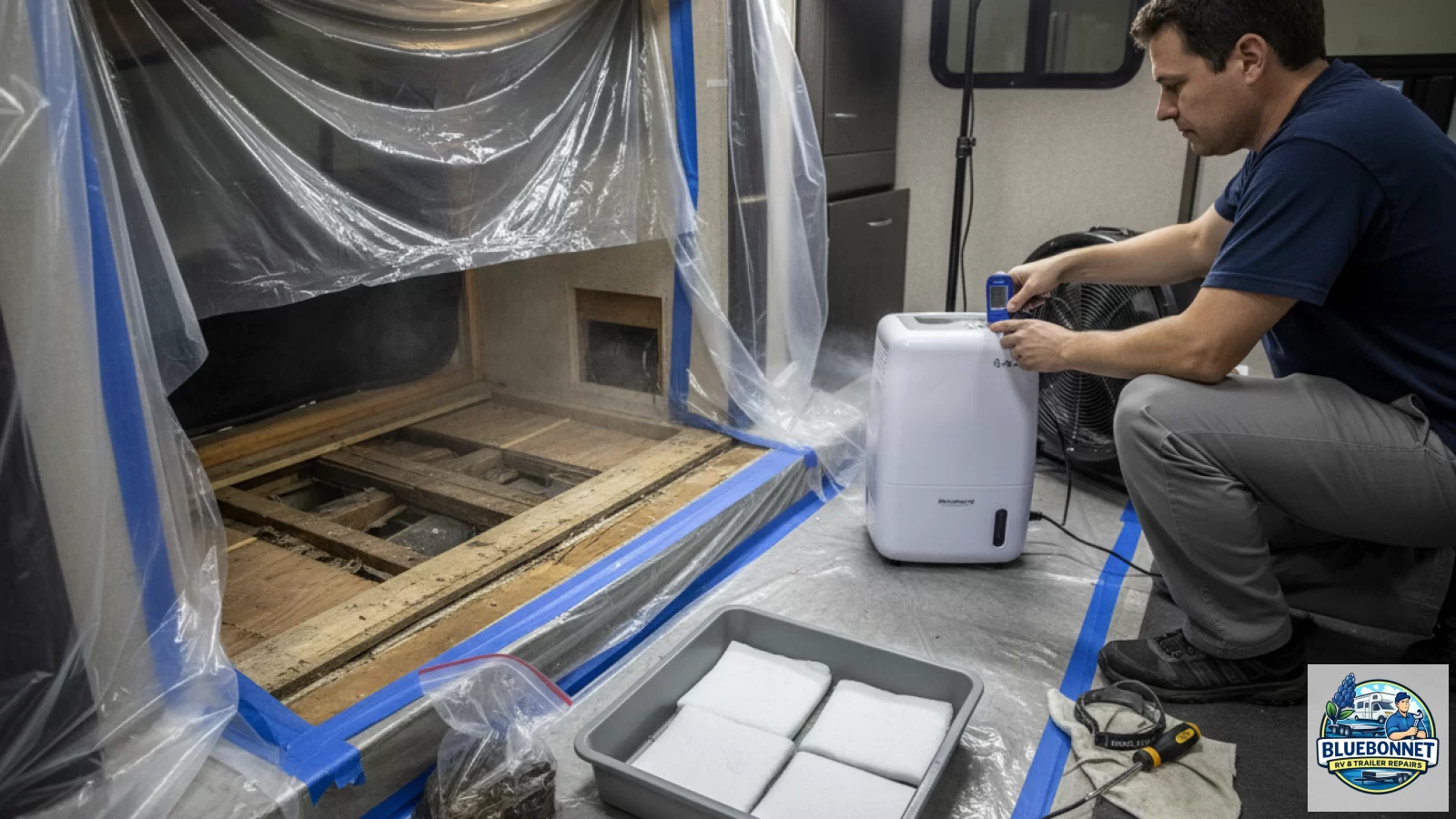 Technician using a moisture meter on exposed RV subfloor and framing inside a protected service bay with dehumidifier and containment