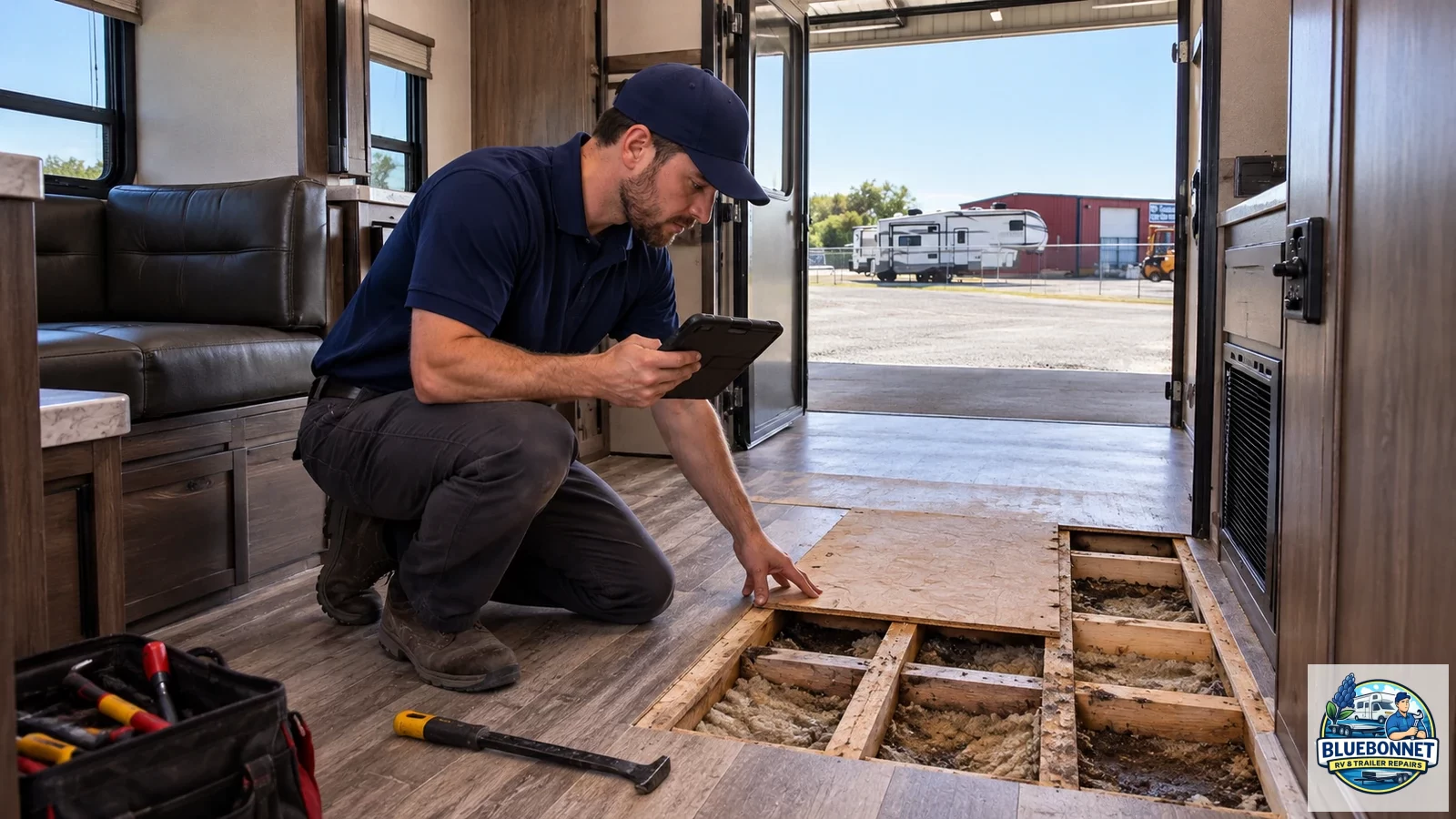 RV technician documenting an opened floor section during controlled tear-down for a major repair.