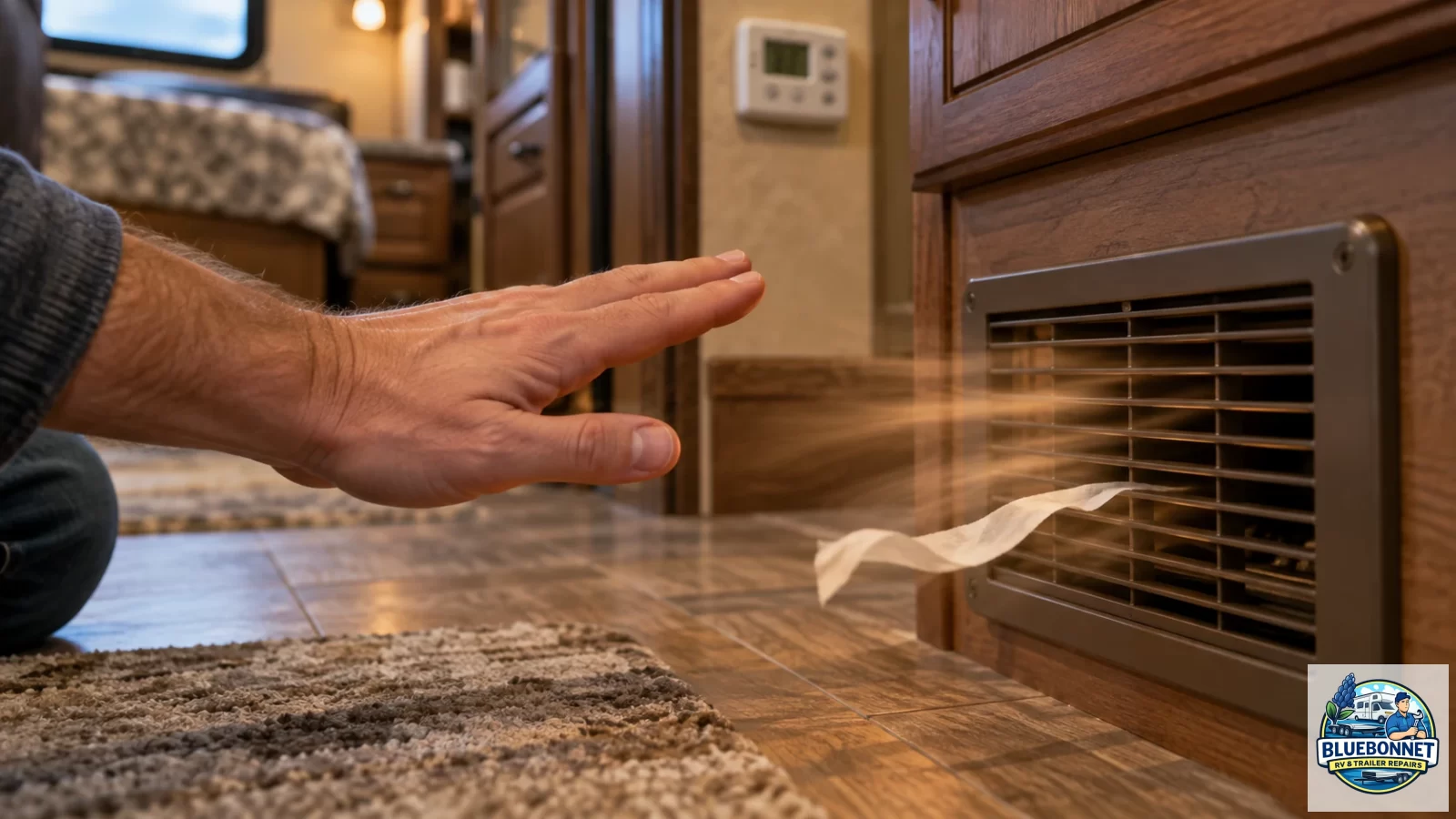 Warm air blowing from an RV floor vent while the furnace is operating.