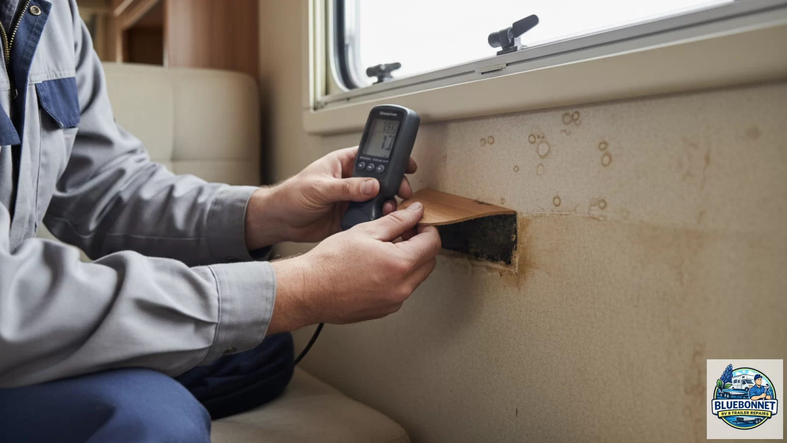 Technician using a moisture meter on an RV interior wall panel to trace water intrusion from a roof leak