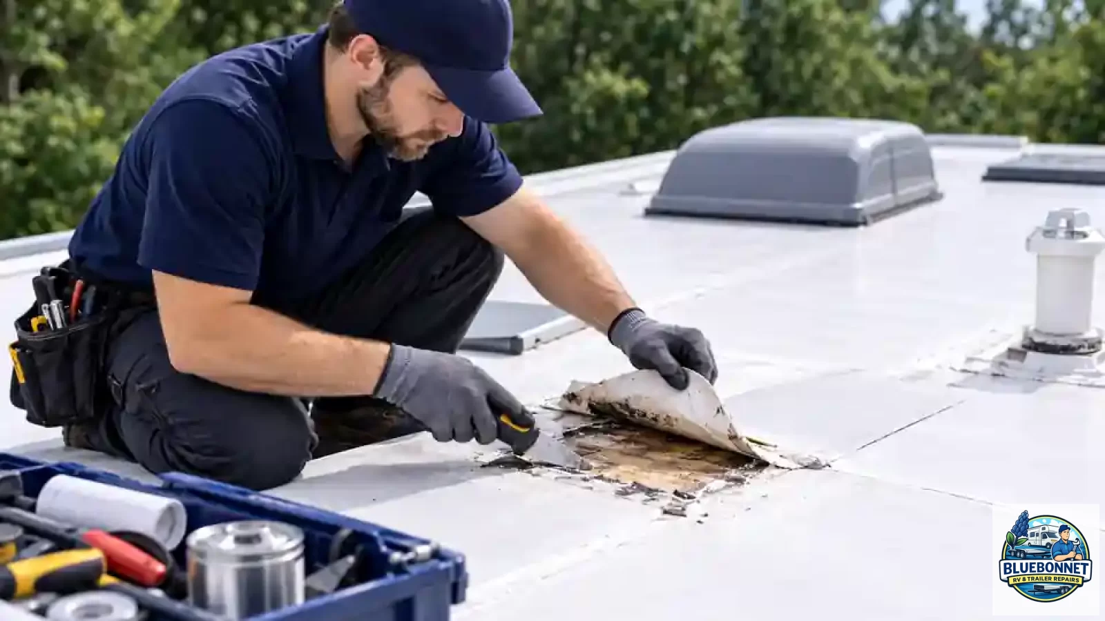 Technician lifting damaged RV roof membrane to inspect water-damaged roof decking beneath it.
