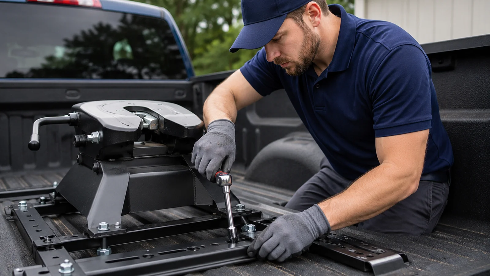 Heavy-duty towing hitch installation work service detail