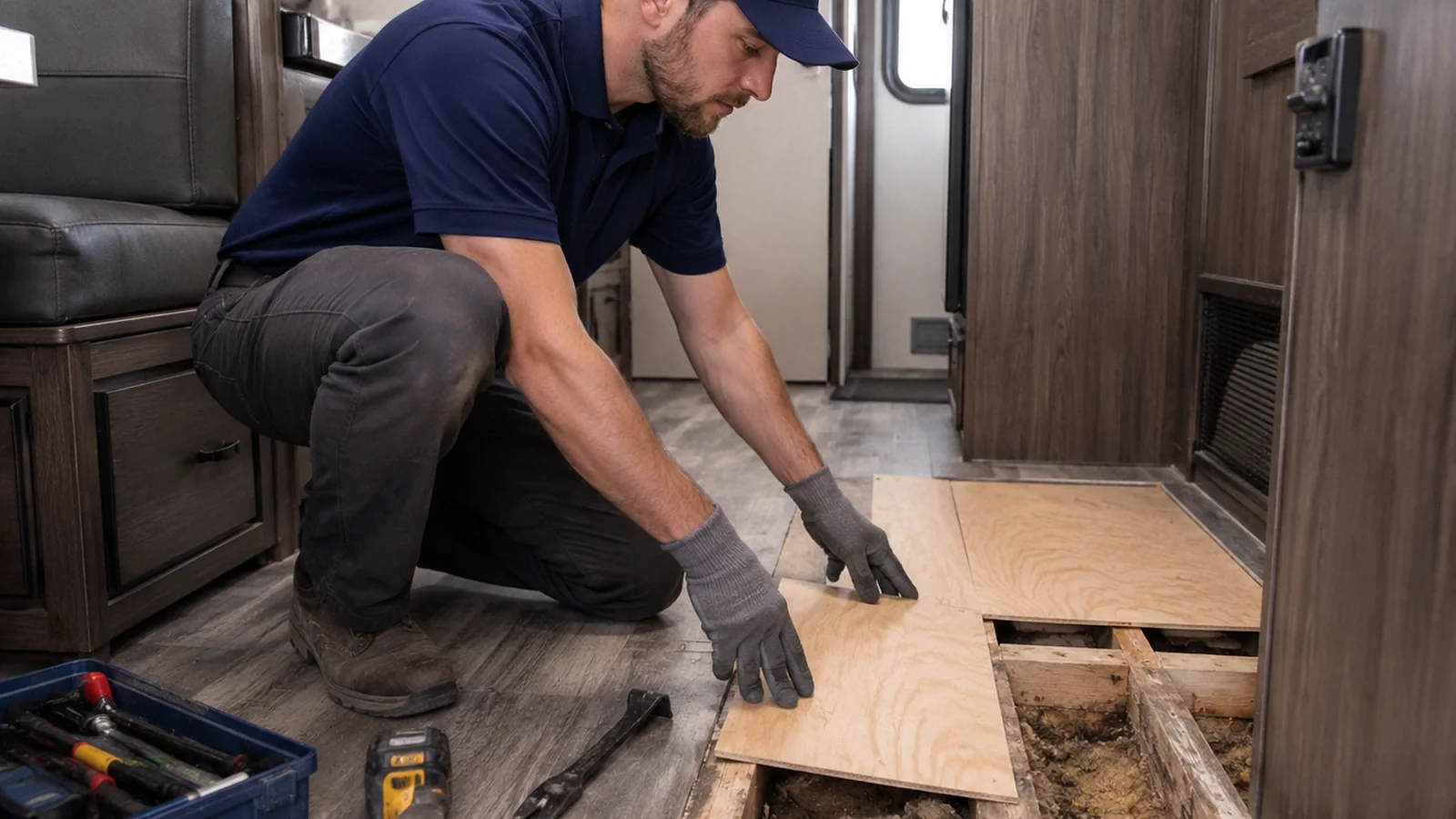 Technician repairing damaged RV subfloor and flooring service detail