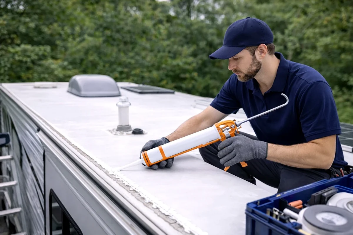 Technician inspecting and repairing an RV roof service detail