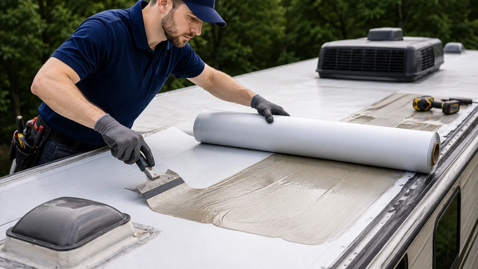 Technician working on an RV roof replacement project service detail