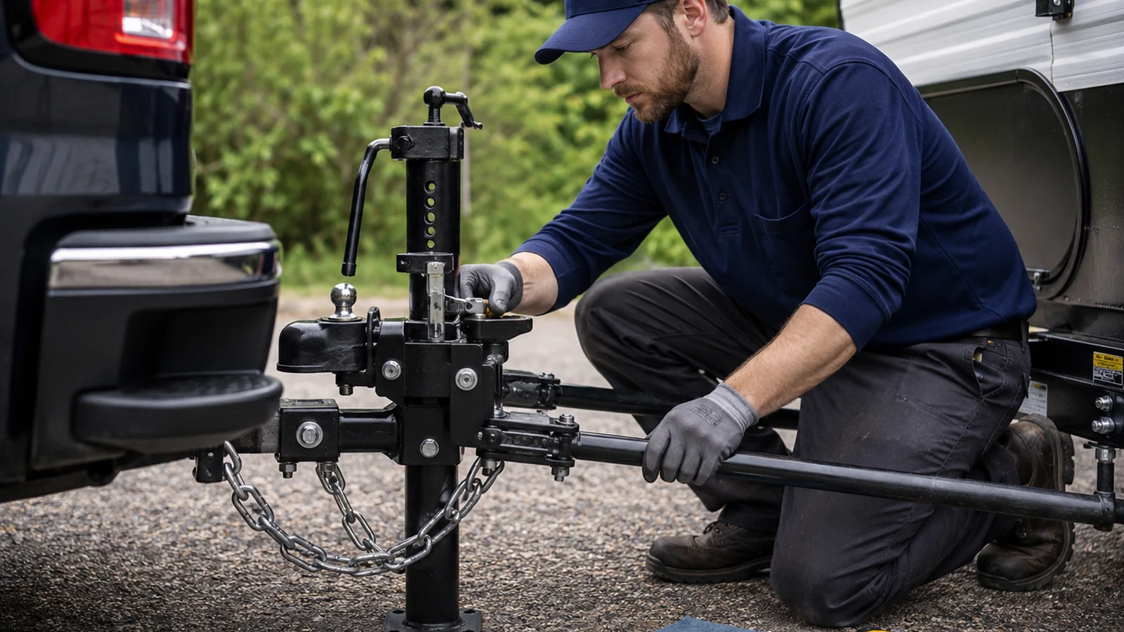 Technician setting up a towing and weight-distribution system service detail
